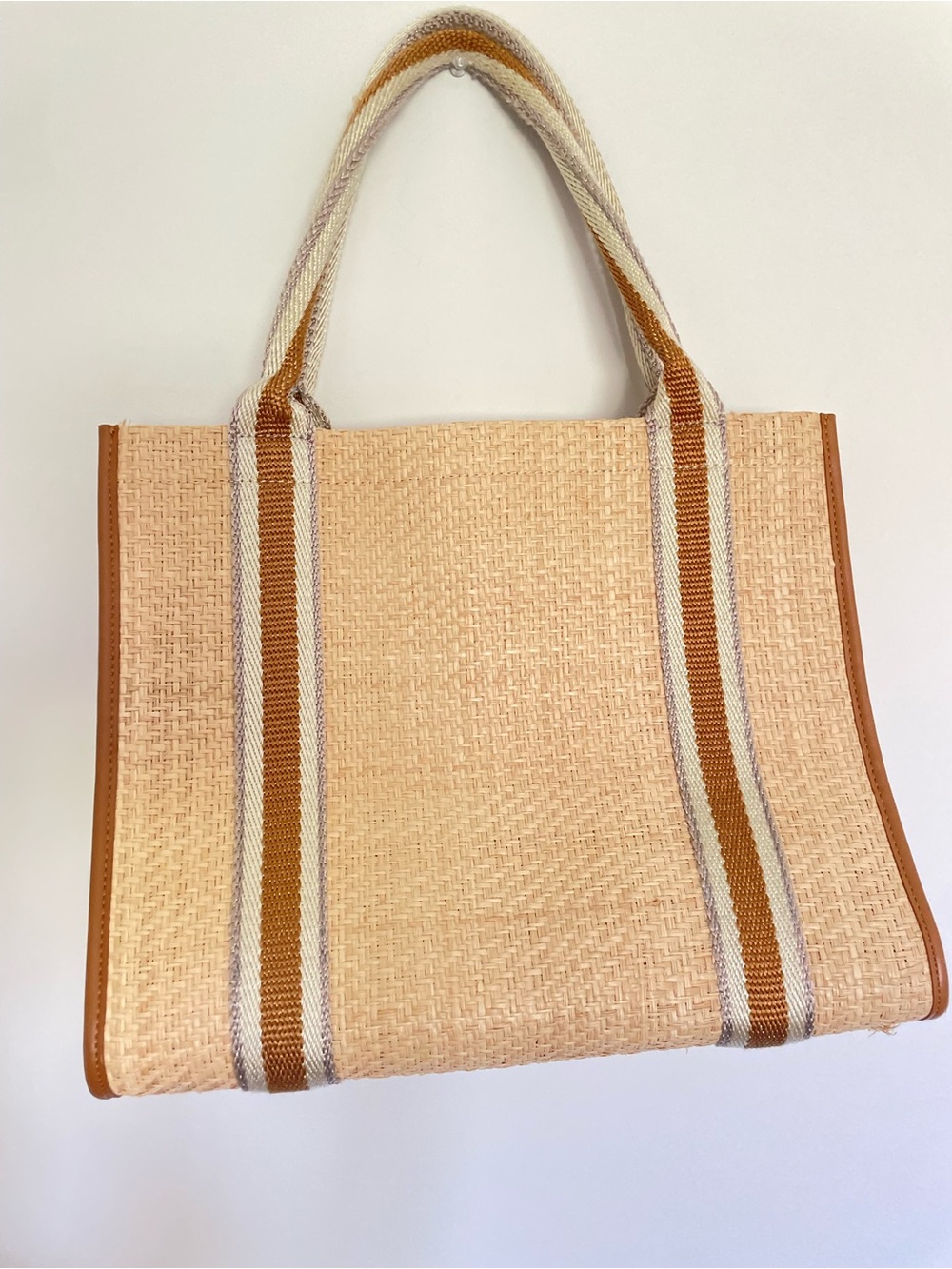 Boden Straw Tote with Tan and White Striped Handles